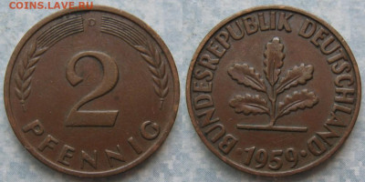 Ходячка ФРГ 2 пфеннига 1950-1967. - 48.9. -ФРГ 2 пфеннига 1959 D    205-ас106-11586