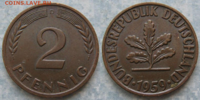 Ходячка ФРГ 2 пфеннига 1950-1967. - 48.10. -ФРГ 2 пфеннига 1959 D    205-ас106-11587