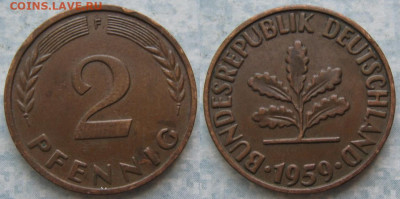 Ходячка ФРГ 2 пфеннига 1950-1967. - 48.11. -ФРГ 2 пфеннига 1959 F    205-ас106-11588