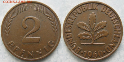 Ходячка ФРГ 2 пфеннига 1950-1967. - 48.12. -ФРГ 2 пфеннига 1960 D    174-ас30-7482