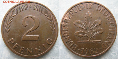 Ходячка ФРГ 2 пфеннига 1950-1967. - 48.18. -ФРГ 2 пфеннига 1962 D    190-ас100-11576