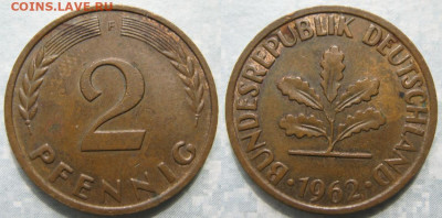 Ходячка ФРГ 2 пфеннига 1950-1967. - 48.20. -ФРГ 2 пфеннига 1962 F    190-ас100-11502