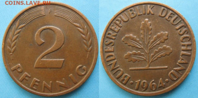 Ходячка ФРГ 2 пфеннига 1950-1967. - 48.24. -ФРГ 2 пфеннига 1964 F    166-ас7-5129