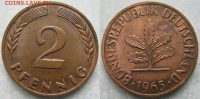 Ходячка ФРГ 2 пфеннига 1950-1967. - 48.29. -ФРГ 2 пфеннига 1965 G    174-ас30-7497