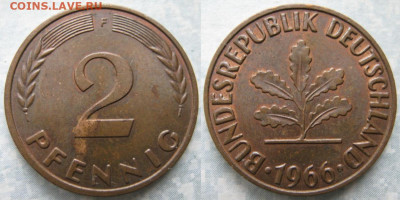 Ходячка ФРГ 2 пфеннига 1950-1967. - 48.34. -ФРГ 2 пфеннига 1966 F    190-ас100-11574