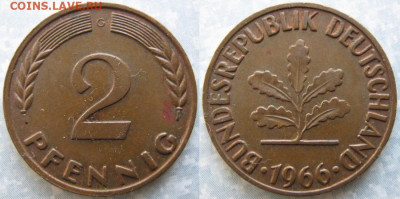Ходячка ФРГ 2 пфеннига 1950-1967. - 48.36. -ФРГ 2 пфеннига 1966 G    184-к28-8977