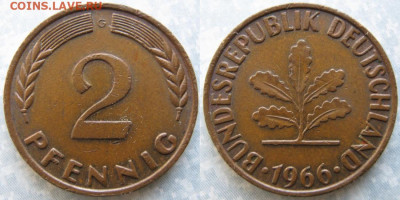 Ходячка ФРГ 2 пфеннига 1950-1967. - 48.37. -ФРГ 2 пфеннига 1966 G    184-к28-8979