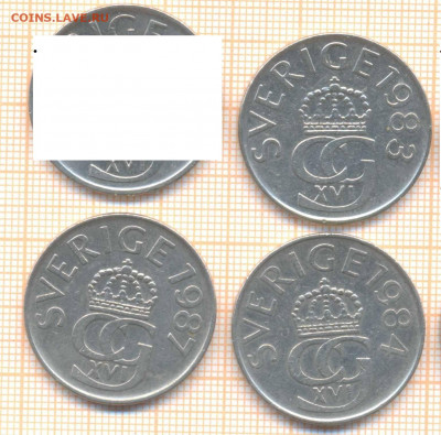 Швеция 5 крон 1983,1984,1987г., фикс 25 руб - Швеция 5 крон 6шт фикс 848