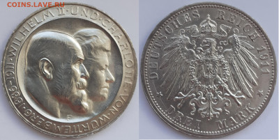 Монеты Германии. - 3 марки 1911. Вюртемберг. Свадьба