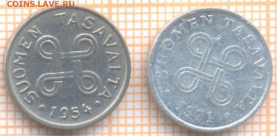 Финляндия 1 марка 1954, 1 пенни 1971 г., до 14.02.2021 г. 22 - Финляндия 2 монеты 2709