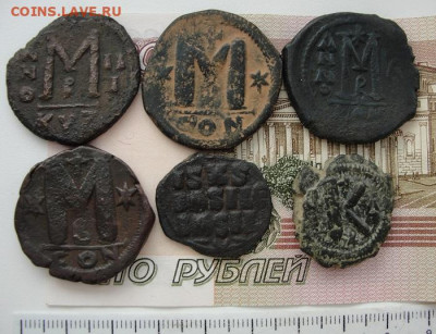 шесть крупных медных (фоллисы, полуфоллисы) монет Византии - Biz.2