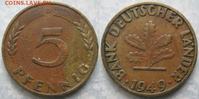 Ходячка ФРГ 5 пфеннигов 1949-1995г. - 49.1. -ФРГ 5 пфеннигов 1949 D    180-ас63-10151