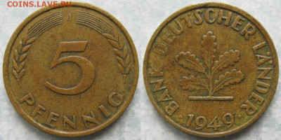 Ходячка ФРГ 5 пфеннигов 1949-1995г. - 49.5. -ФРГ 5 пфеннигов 1949 J    6962