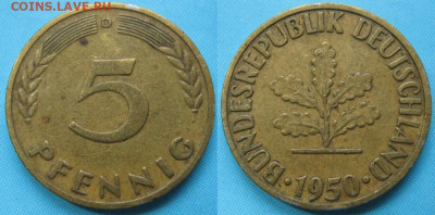 Ходячка ФРГ 5 пфеннигов 1949-1995г. - 49.7. -ФРГ 5 пфеннигов 1950 D    166-к11-5163