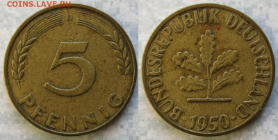Ходячка ФРГ 5 пфеннигов 1949-1995г. - 49.8. -ФРГ 5 пфеннигов 1950 D    5085
