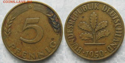 Ходячка ФРГ 5 пфеннигов 1949-1995г. - 49.9. -ФРГ 5 пфеннигов 1950 D    6968