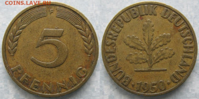 Ходячка ФРГ 5 пфеннигов 1949-1995г. - 49.10. -ФРГ 5 пфеннигов 1950 F    6845