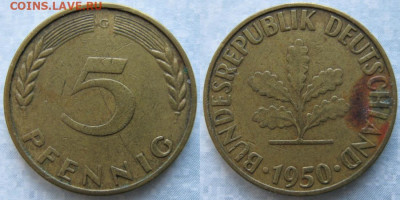 Ходячка ФРГ 5 пфеннигов 1949-1995г. - 49.12. -ФРГ 5 пфеннигов 1950 G    6982