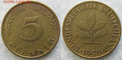 Ходячка ФРГ 5 пфеннигов 1949-1995г. - 49.13. -ФРГ 5 пфеннигов 1950 G    7294