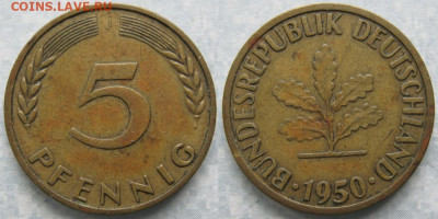 Ходячка ФРГ 5 пфеннигов 1949-1995г. - 49.14. -ФРГ 5 пфеннигов 1950 J    6839