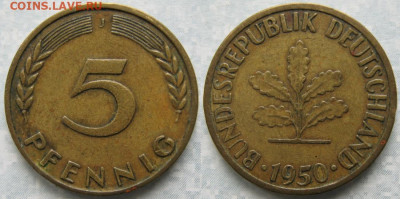 Ходячка ФРГ 5 пфеннигов 1949-1995г. - 49.15. -ФРГ 5 пфеннигов 1950 J    6966