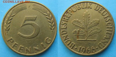Ходячка ФРГ 5 пфеннигов 1949-1995г. - 49.17. -ФРГ 5 пфеннигов 1966 F    166-ас8-5147