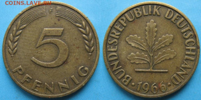 Ходячка ФРГ 5 пфеннигов 1949-1995г. - 49.18. -ФРГ 5 пфеннигов 1966 F    167-ас16-5359