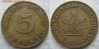 Ходячка ФРГ 5 пфеннигов 1949-1995г. - 49.19. -ФРГ 5 пфеннигов 1966 G    160-ас67-10190