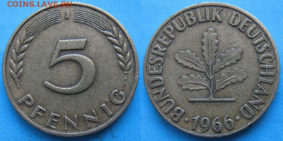 Ходячка ФРГ 5 пфеннигов 1949-1995г. - 49.20. -ФРГ 5 пфеннигов 1966 J    166-5075