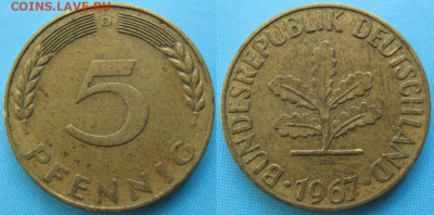 Ходячка ФРГ 5 пфеннигов 1949-1995г. - 49.21. -ФРГ 5 пфеннигов 1967 D    166-ас8-5143