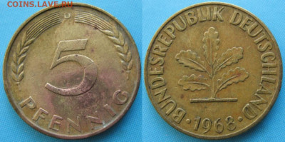 Ходячка ФРГ 5 пфеннигов 1949-1995г. - 49.23. -ФРГ 5 пфеннигов 1968 D    166-ас8-5157