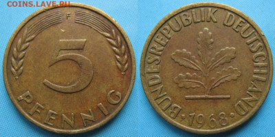 Ходячка ФРГ 5 пфеннигов 1949-1995г. - 49.24. -ФРГ 5 пфеннигов 1968 F    167-ас16-5361