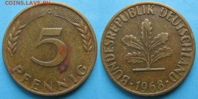 Ходячка ФРГ 5 пфеннигов 1949-1995г. - 49.25. -ФРГ 5 пфеннигов 1968 G    167-ас16-5363