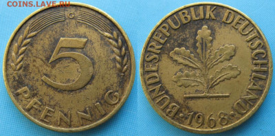 Ходячка ФРГ 5 пфеннигов 1949-1995г. - 49.26. -ФРГ 5 пфеннигов 1968 G    166-ас8-5156