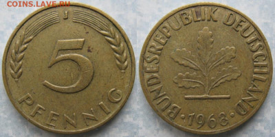 Ходячка ФРГ 5 пфеннигов 1949-1995г. - 49.27. -ФРГ 5 пфеннигов 1968 J    160-ас67-10192