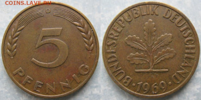 Ходячка ФРГ 5 пфеннигов 1949-1995г. - 49.28. -ФРГ 5 пфеннигов 1969 D    160-ас67-10191