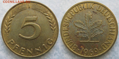 Ходячка ФРГ 5 пфеннигов 1949-1995г. - 49.31. -ФРГ 5 пфеннигов 1969 J    7469