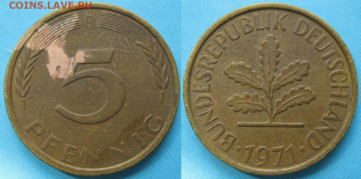 Ходячка ФРГ 5 пфеннигов 1949-1995г. - 49.32. -ФРГ 5 пфеннигов 1971 D    166-к11-5167