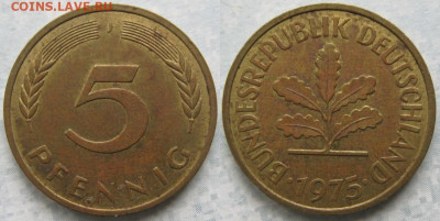 Ходячка ФРГ 5 пфеннигов 1949-1995г. - 49.35. -ФРГ 5 пфеннигов 1975 J    7112