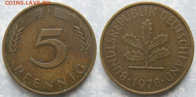 Ходячка ФРГ 5 пфеннигов 1949-1995г. - 49.37. -ФРГ 5 пфеннигов 1978 J    6351