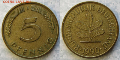 Ходячка ФРГ 5 пфеннигов 1949-1995г. - 49.43. -ФРГ 5 пфеннигов 1990 G    5891