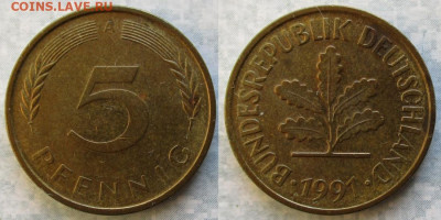 Ходячка ФРГ 5 пфеннигов 1949-1995г. - 49.44. ФРГ 5 пфеннигов 1991 A    5592