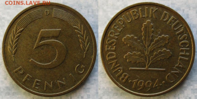 Ходячка ФРГ 5 пфеннигов 1949-1995г. - 49.47. -ФРГ 5 пфеннигов 1994 D    5566