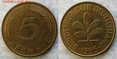 Ходячка ФРГ 5 пфеннигов 1949-1995г. - 49.48. -ФРГ 5 пфеннигов 1995 F    8203