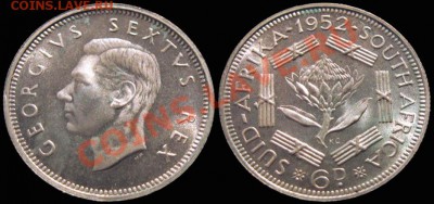ЮЖНАЯ АФРИКА 6 пенсов 1952 Георг VI Ag UNC до 13.10 23:30мск - SA_6d_1952