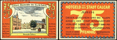 Досчитаем до 10 000 или более - 1445 нотгельд 75 пфеннигов 1922. Германия. г. Калькар (Рейнская провинция).