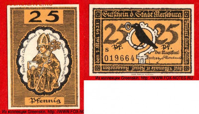 Досчитаем до 10 000 или более - 1466 нотгельд 25 пфеннигов 1921. Германия. г. Мерзебург (Провинция Саксония).