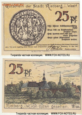 Досчитаем до 10 000 или более - 1567 нотгельд 25 пфеннигов 1921. Германия. г. Ритберг (Вестфалия). 7