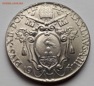 Ватикан 2 лиры 1941. UNC. Тираж - 270 000. - 12