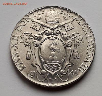 Ватикан 2 лиры 1941. UNC. Тираж - 270 000. - 10